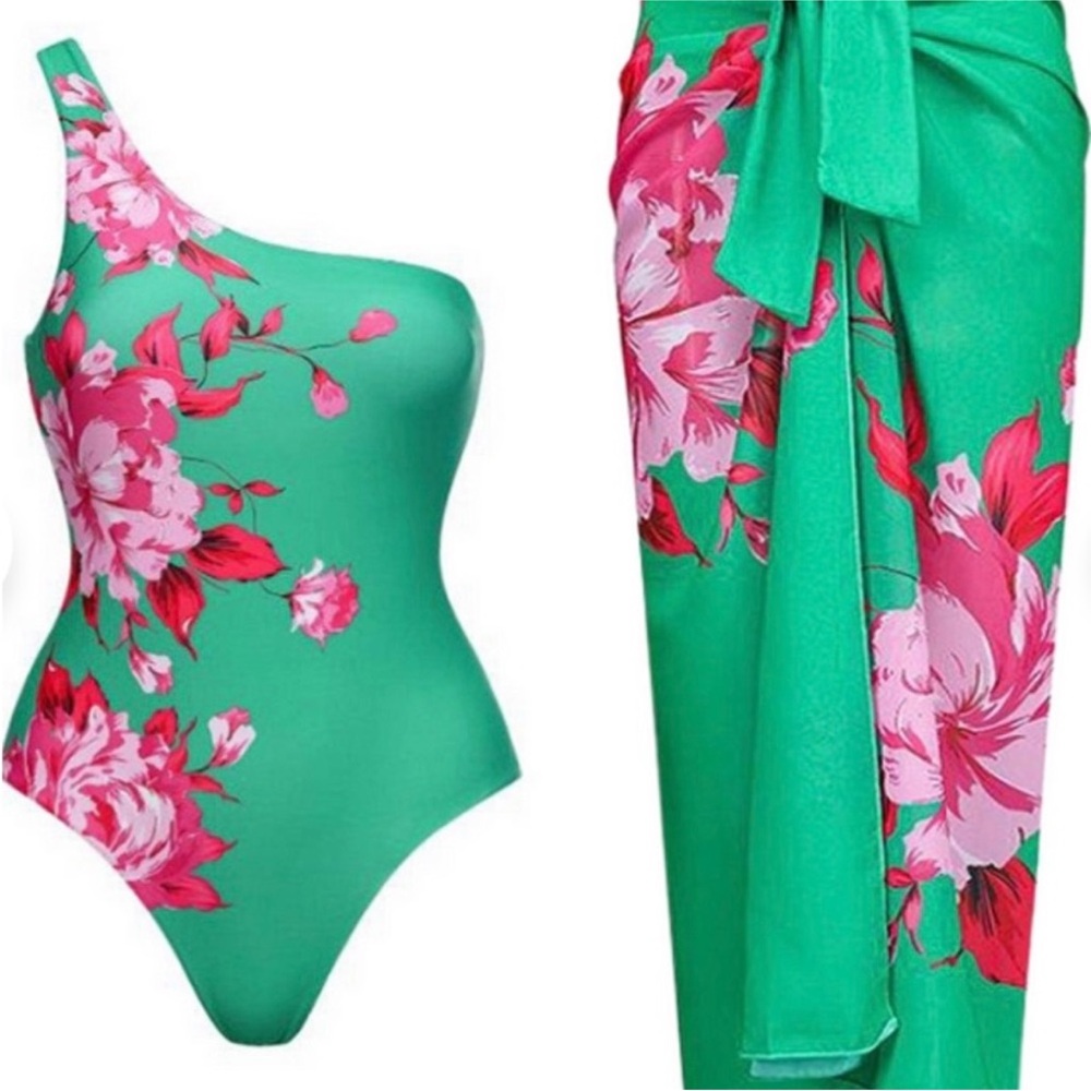 Floral Green One-Shoulder Swim One Piece